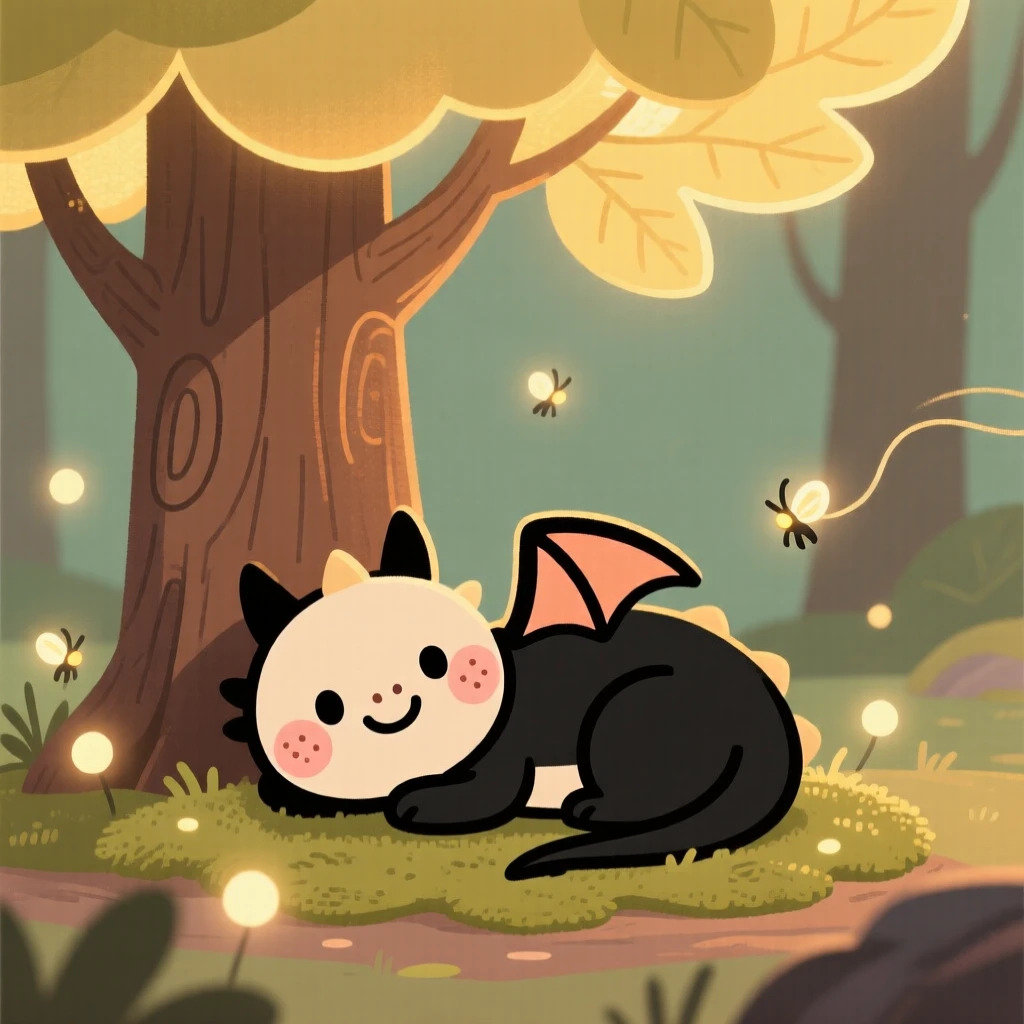 A small dragon rests beneath a glowing tree in an hidden magical glade, surrounded by soft glowing fireflies that drifts gently through the air.