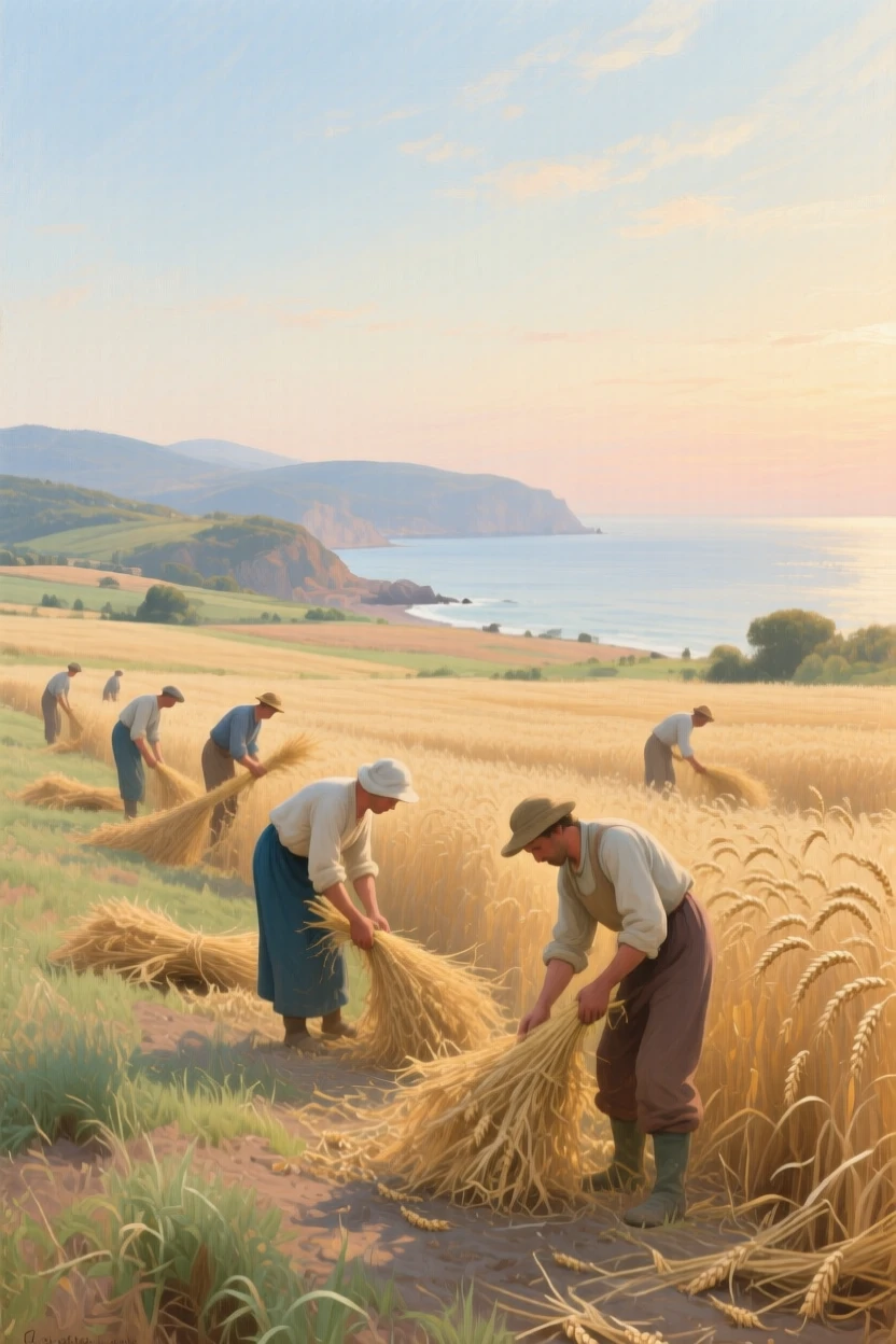 A broad landscape view of farmers gathering golden wheat sheaves under a late summer sky, on the coast of Provence, in early morning light.