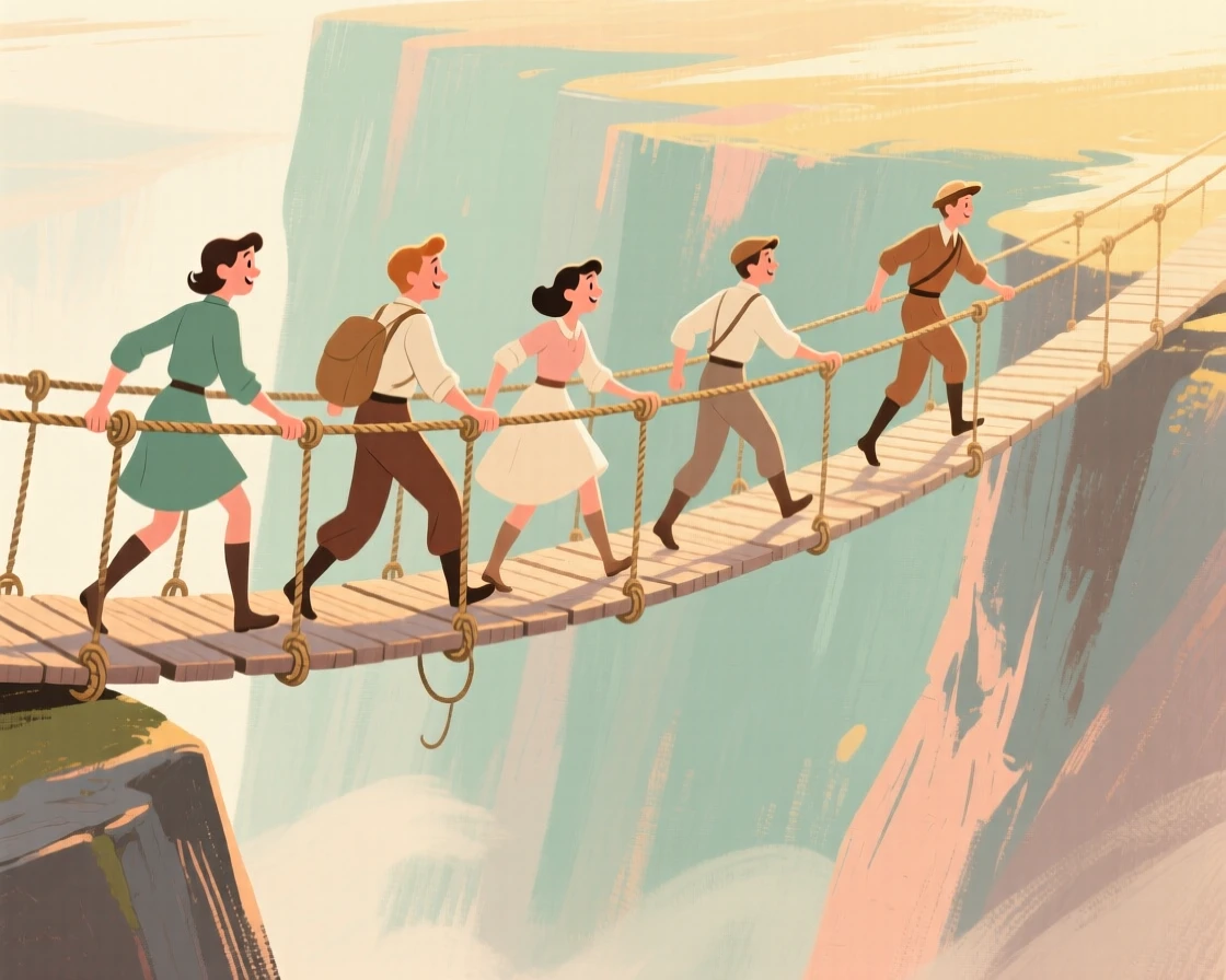 A group of adventurers crossing a rope bridge over a deep gorge