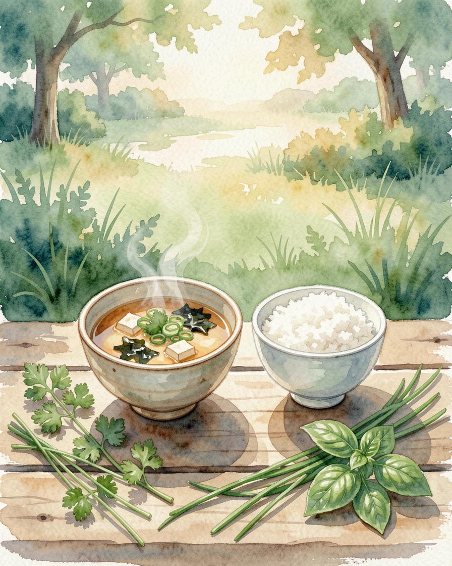A bowl of miso soup and rice at a picnic in a green park garnished with fresh herbs.