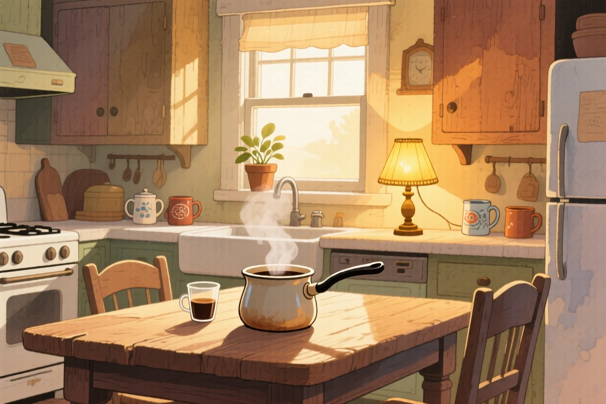 A kitchen filled with the warm glow of morning light and a pot of coffee brewing, with soft golden lamplight glowing nearby, evoking deep comfort and contentment.