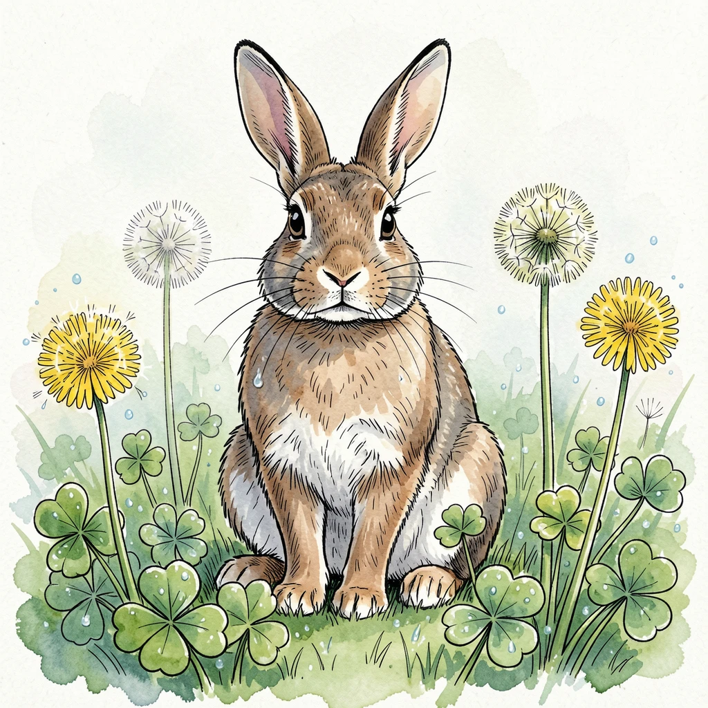 A rabbit sitting alert among clover and dandelions in a dewy morning meadow