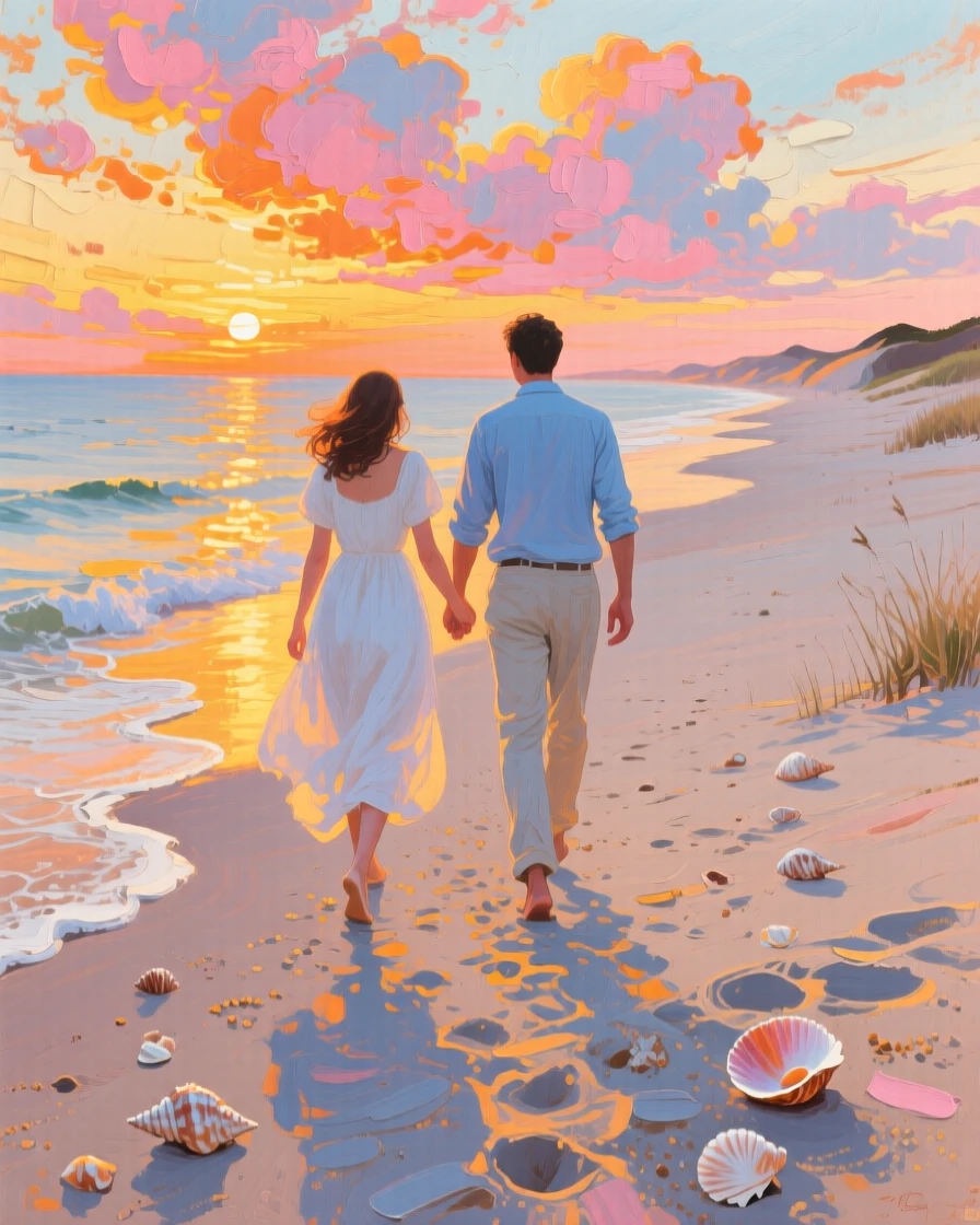 a couple walking along an empty beach, at sunset, with a clear foreground, subject, and distant setting.