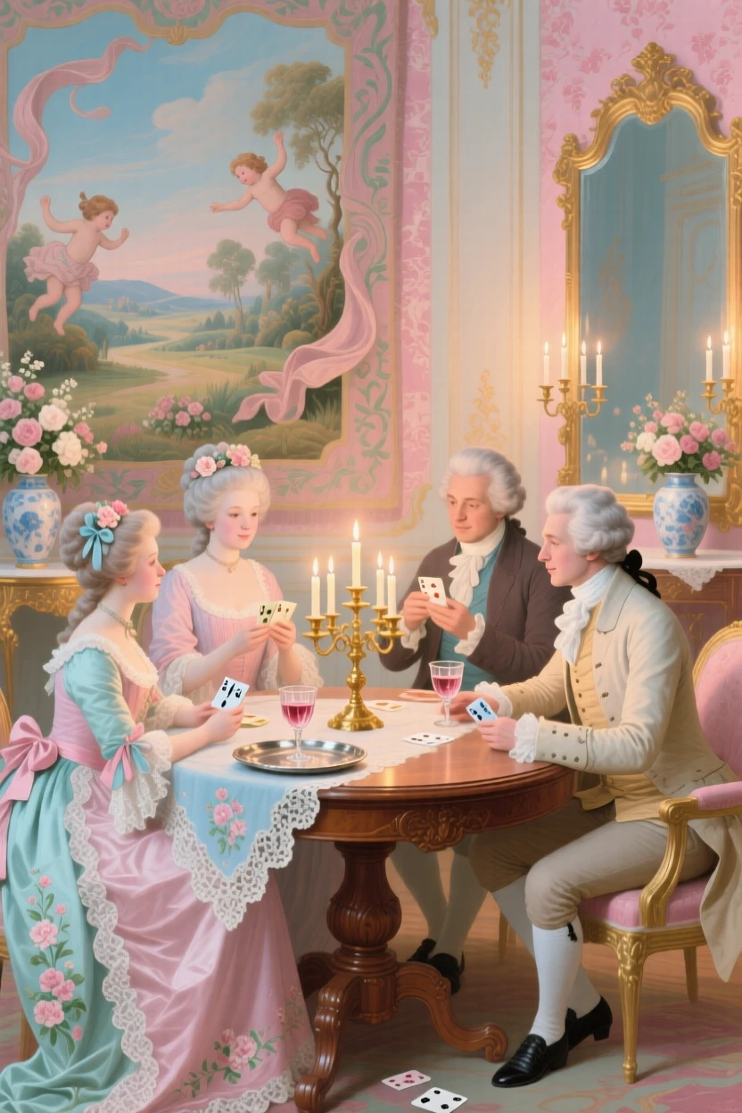 A family gathering around a round table playing cards by candlelight  