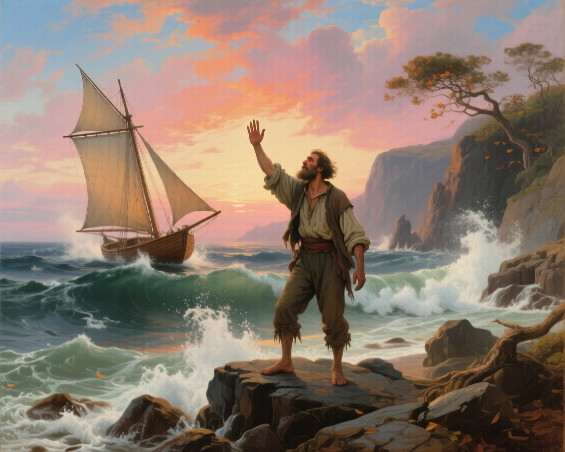 A weathered fisherman signals from a stretch of foaming surf while the wind whips the sails.