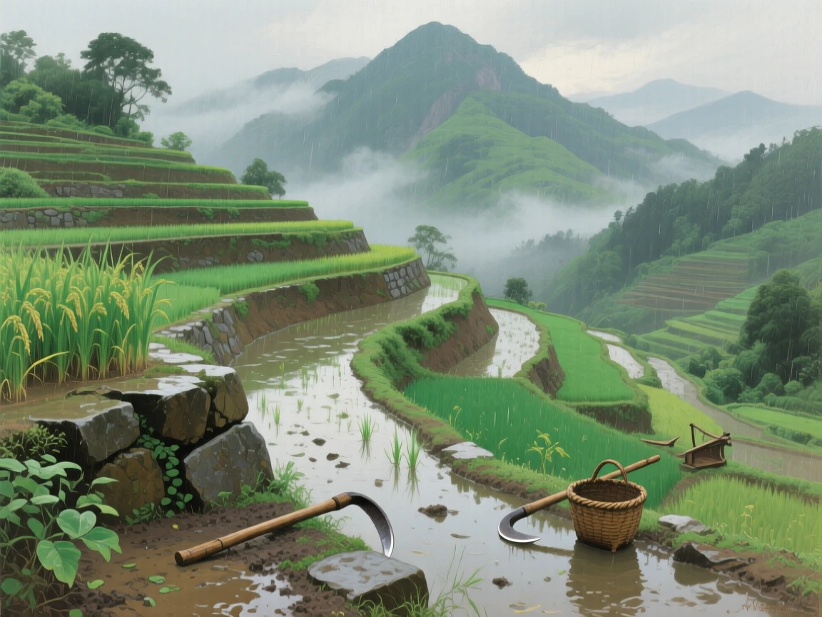 A terraced rice paddy cascading down a misty green mountainside, with rich, saturated colors deepened by recent rainfall, radiating tranquility and the timeless beauty of the natural world