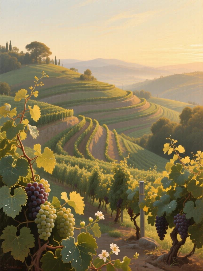 A terraced vineyard rolling across sunlit hillsides holding the hush of early morning before the world awakens, set far from any signs of human presence, with golden light catching the edges of every leaf and petal; foreground detail frames a sweeping, luminous background, radiating the serene majesty of untouched nature.