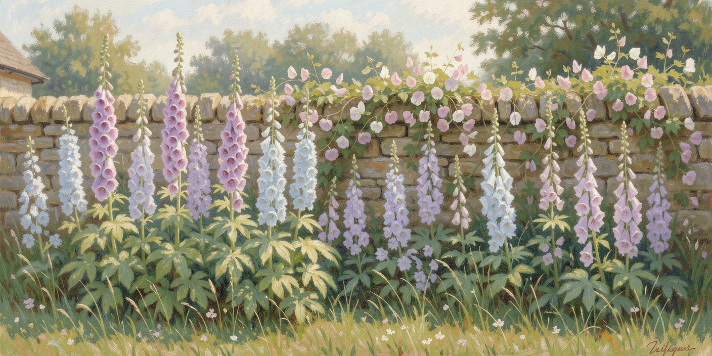 A cottage garden overflowing with foxgloves, delphiniums, and climbing sweet peas along a stone wall.