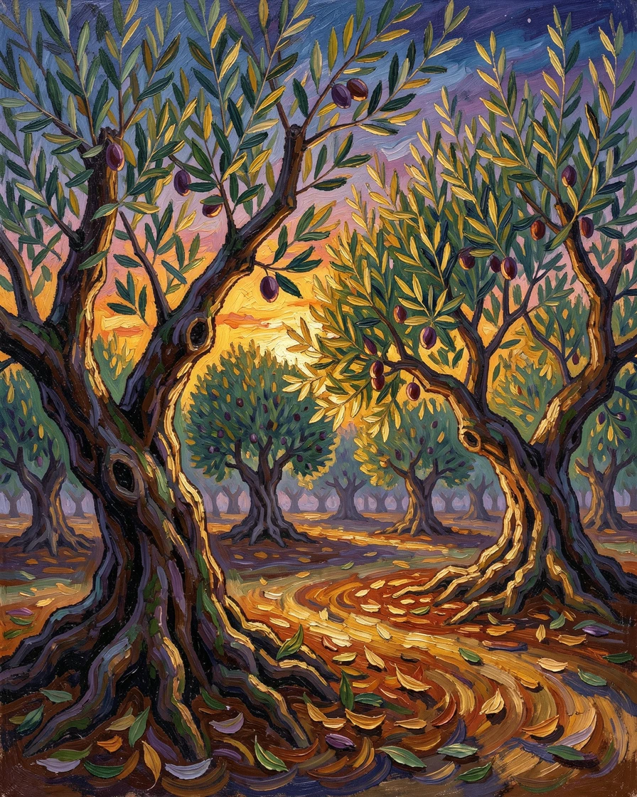 A quiet olive orchard at dusk, the last light catching the twisted old trunks.