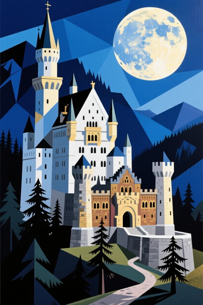 A breathtaking view of Neuschwanstein Castle, glowing softly under a full moon.