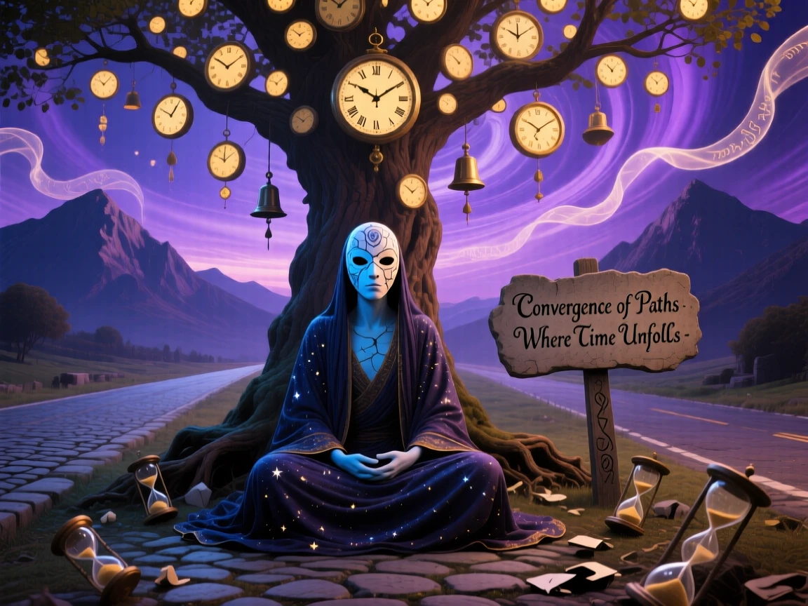A masked figure standing where two roads become one sits beneath a tree whose leaves are made of clock faces, while distant mountains bow slightly in their direction.