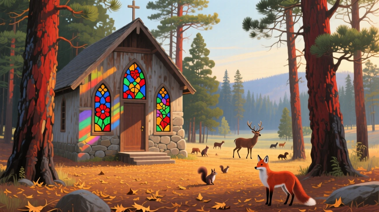 A quiet forest chapel in the Black Hills stands surrounded by towering ponderosa pines, morning light slanting through stained glass windows onto a carpet of fallen needles, with scattered wildlife visible moving quietly through the middle distance of the composition.