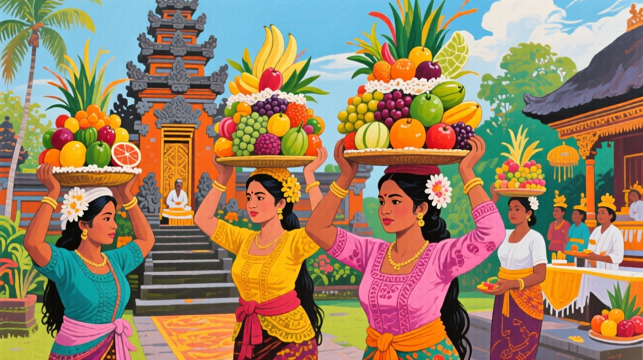 A Balinese temple ceremony with women carrying elaborate fruit offerings balanced on their heads