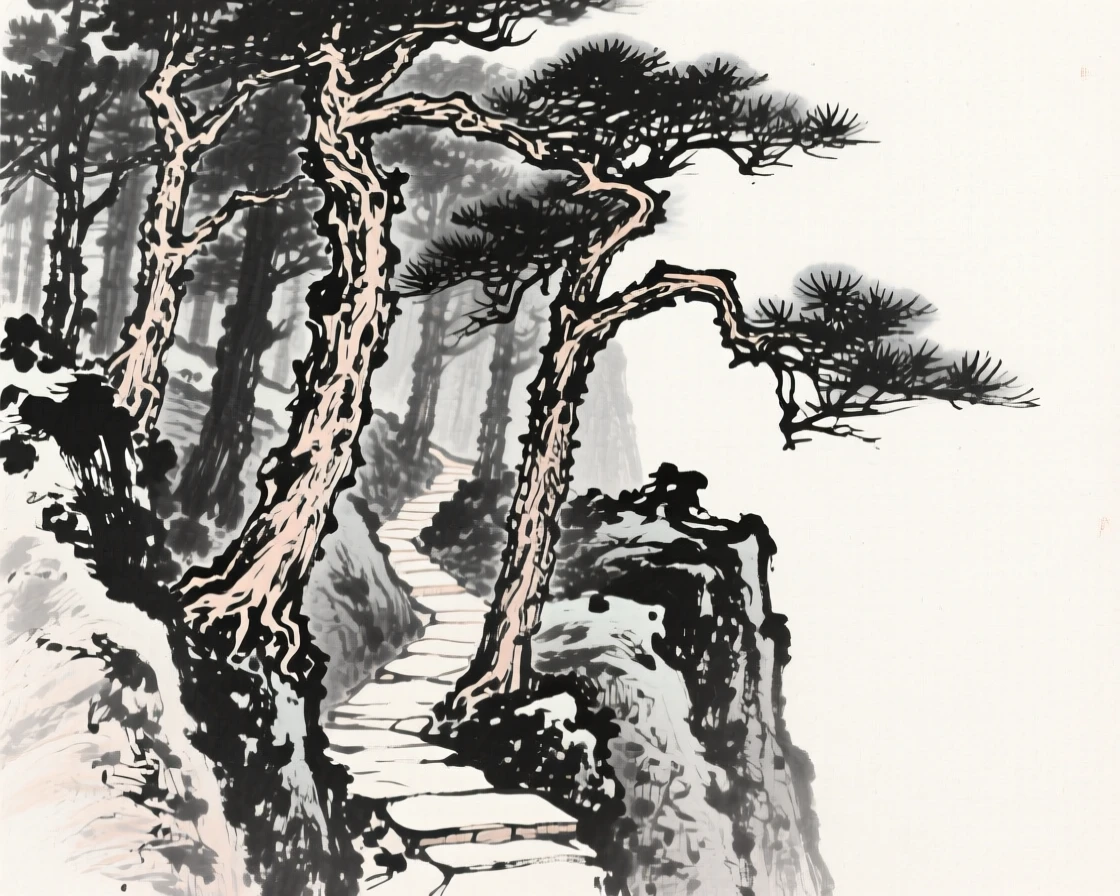 an ancient pine forest clinging to a mountainside, with a narrow stone path winding between the trunks.