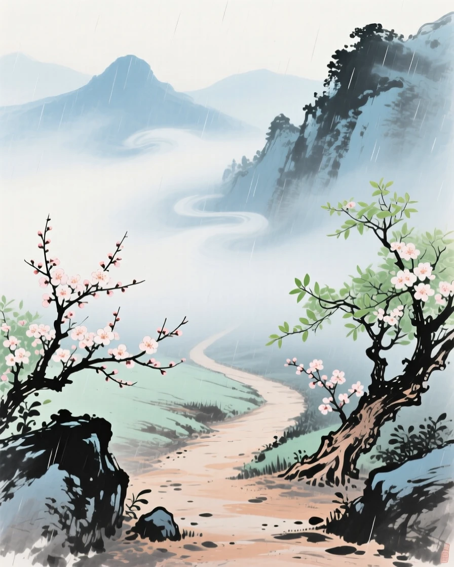 An empty mountain path disappearing into drifting fog, as spring blossoms unfold, just after a rain shower.