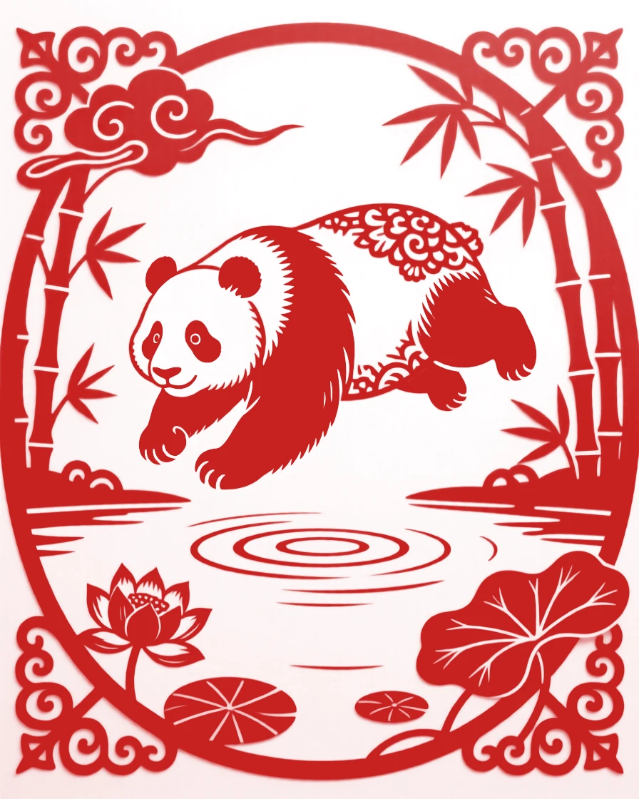 A giant panda, gliding low over a still pond, symbolizing peace and good fortune.
