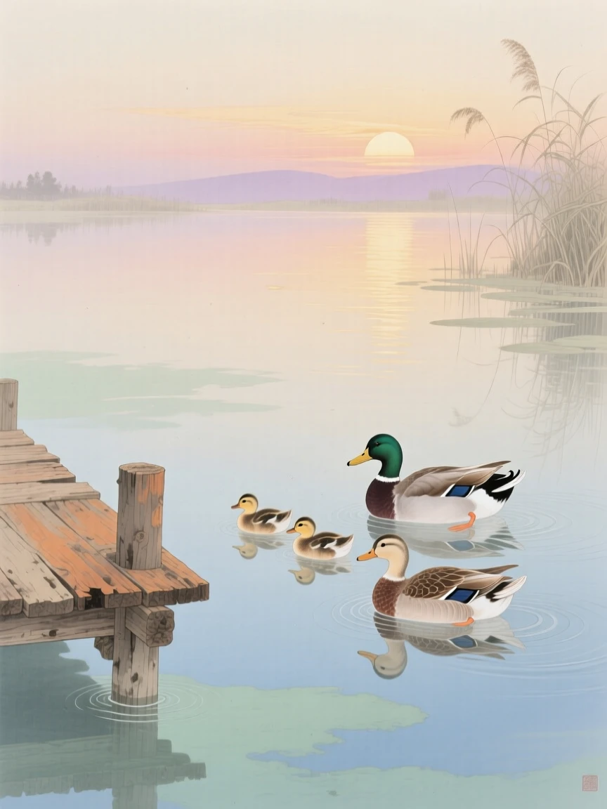 A family of ducks gliding across a still pond beside a wooden dock at sunrise