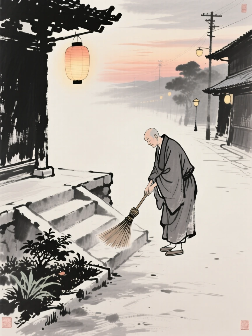 A monk sweeping temple steps tending to a small garden plot along a lantern-lit street at dusk, framed intimately, focusing on quiet gesture and expression, conveying quiet devotion and simple contentment.