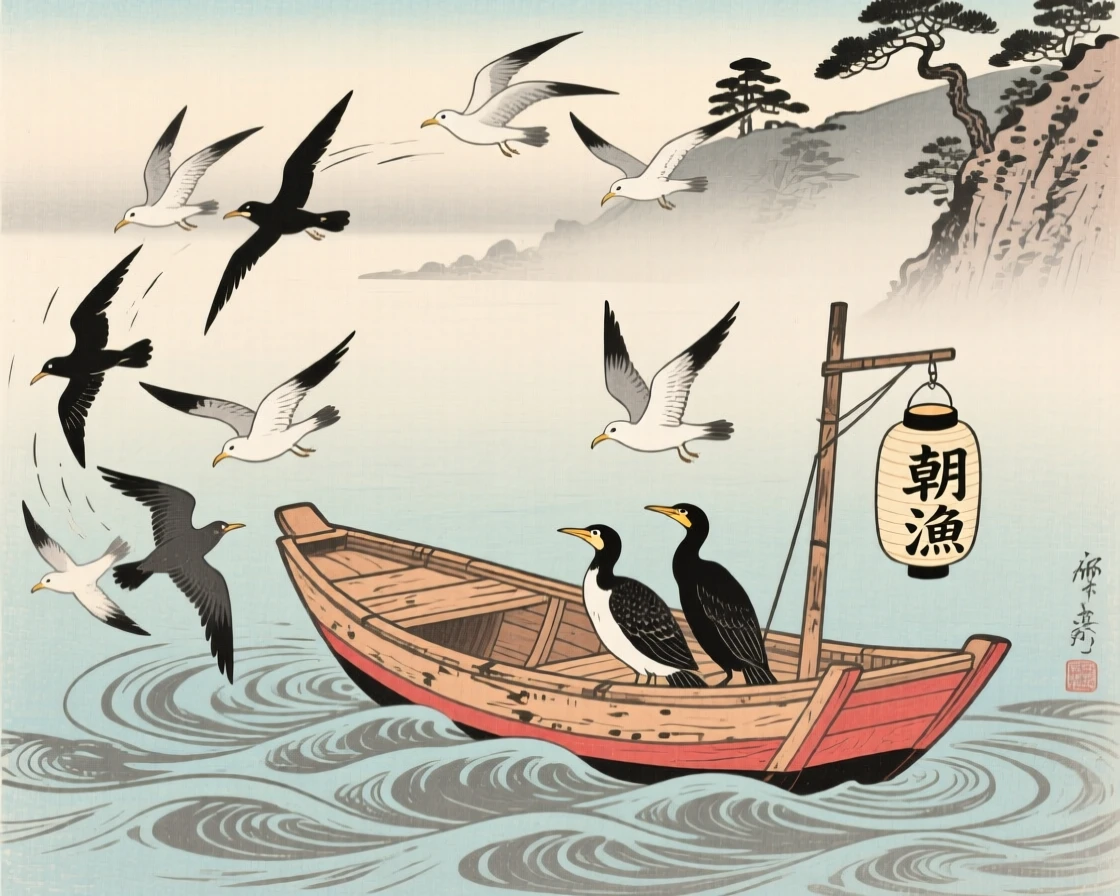 A small wooden fishing boat surrounded by circling seabirds, on a calm misty morning.