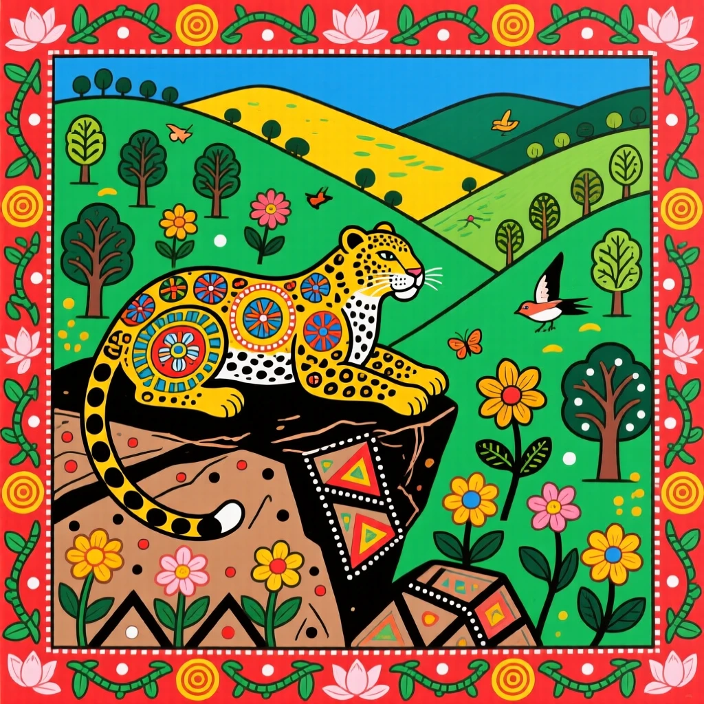 A leopard resting on a rocky outcrop overlooking a green valley.