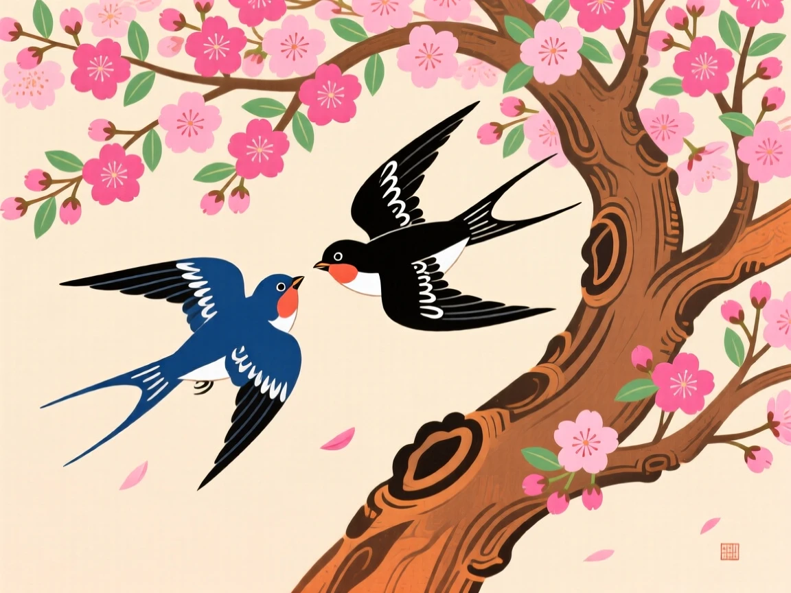 A pair of swallows gliding together under a cherry blossom tree.