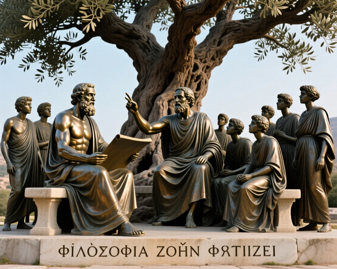 A philosopher teaching students beneath an olive tree, framed by sweeping, monumental scale, evoking legend and timeless drama