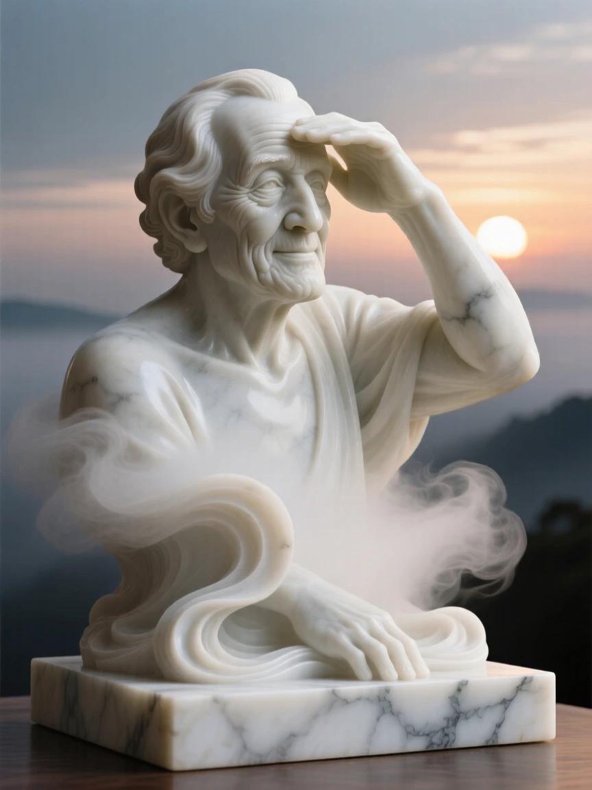 A tender portrait of a wise grandfather, shielding their eyes from the sun, amid swirling fog at dawn, evoking warmth and humanity