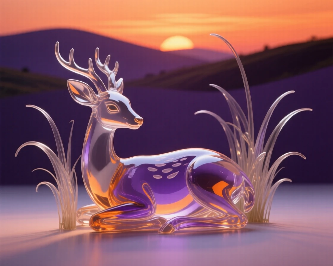 A fawn resting in tall grass silhouetted against a dramatic sunset sky over rolling hills, warm orange and purple tones creating a serene, cinematic mood.