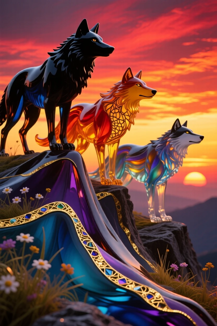 A wolf pack silhouetted atop a ridge against a blazing sunset, powerful and cinematic.
