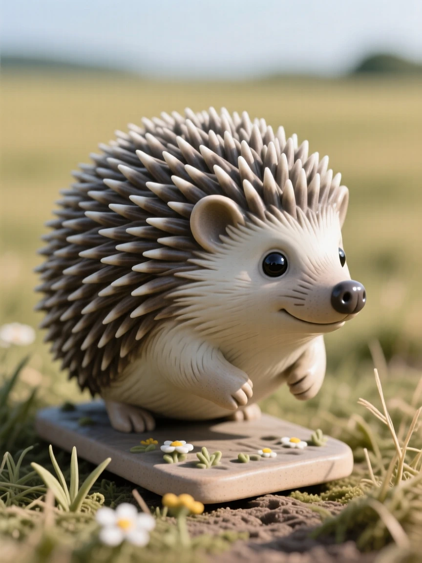 A hedgehog curled into a ball captured mid-stride across an open field, its eyes wide with gentle curiosity, offering a serene glimpse into nature's stillness.