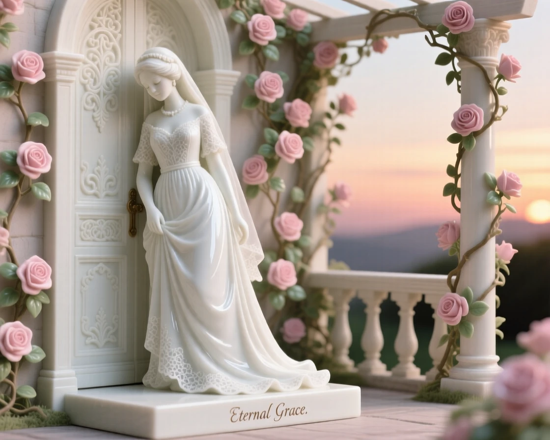 A bride leaning against an ancient doorway, wearing a flowing empire-waist gown, her gaze lowered in quiet grace, set against a rose-covered pergola at sunset.
