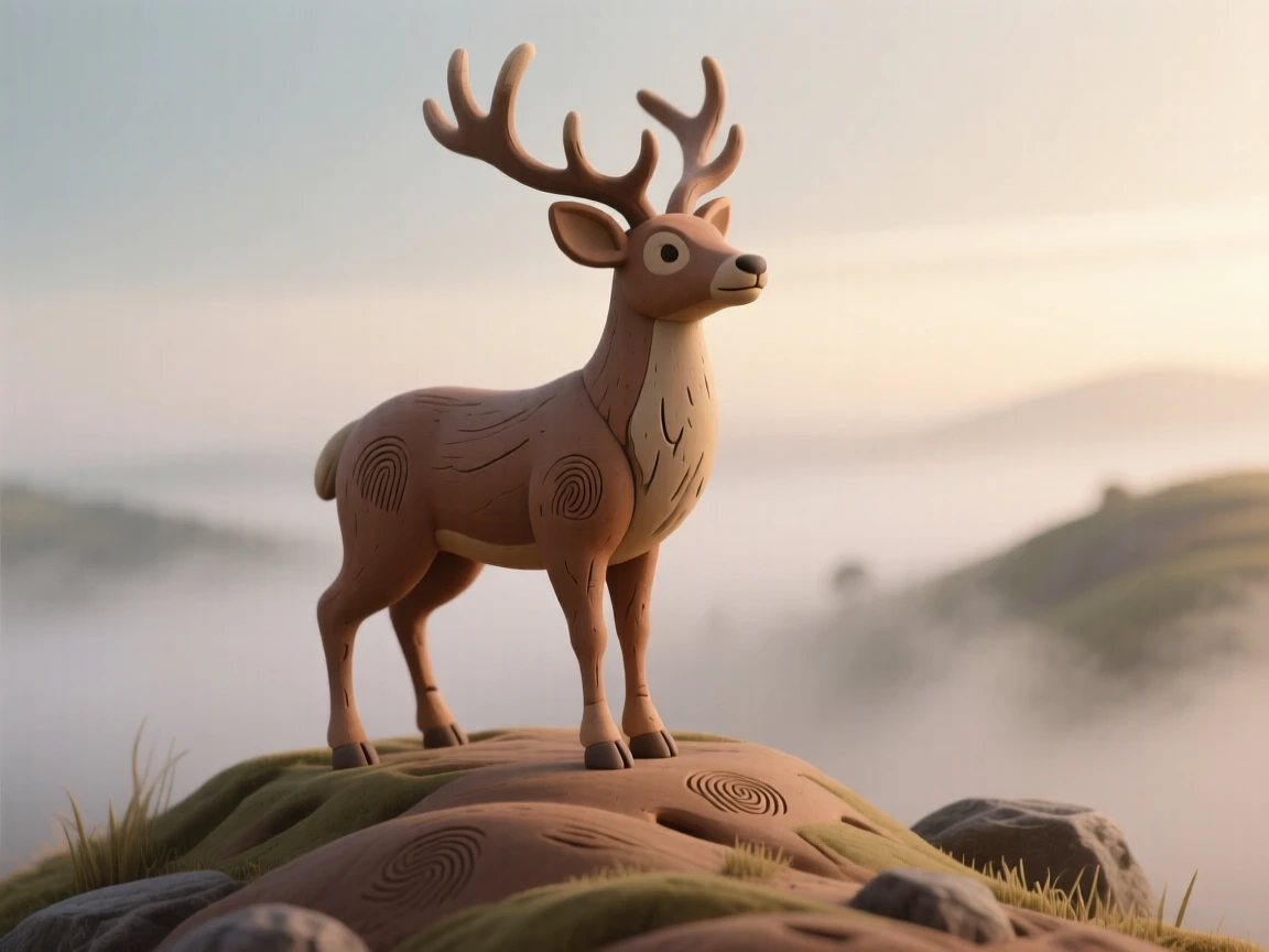 A stag standing proud on a misty hilltop at first light