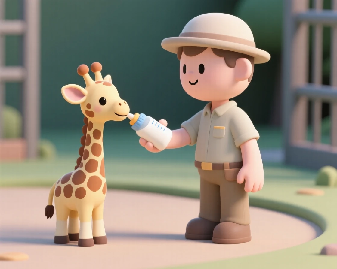 A gentle zookeeper bottle-feeds a baby giraffe, its long neck bending down curiously toward the warm milk.