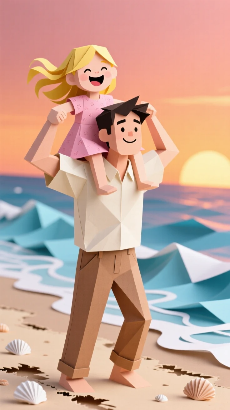 A father lifting his laughing daughter onto his shoulders at a sunset beach, waves rolling in behind them, capturing joyful togetherness and simple happiness.