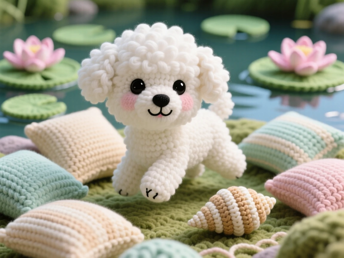 A heartwarming close-up of a fluffy Bichon Frise puppy, with a cloud-like white coat, hopping through a pile of soft cushions in a tranquil lily pond with lotus blossoms; a smooth striped seashell close by completes the scene, radiating a moment of pure innocent joy.