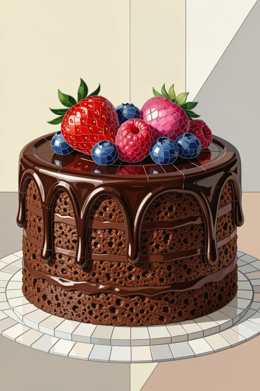 A close-up gourmet food photograph of a decadent chocolate layer cake with glossy ganache and fresh berries, with rich color and inviting texture.