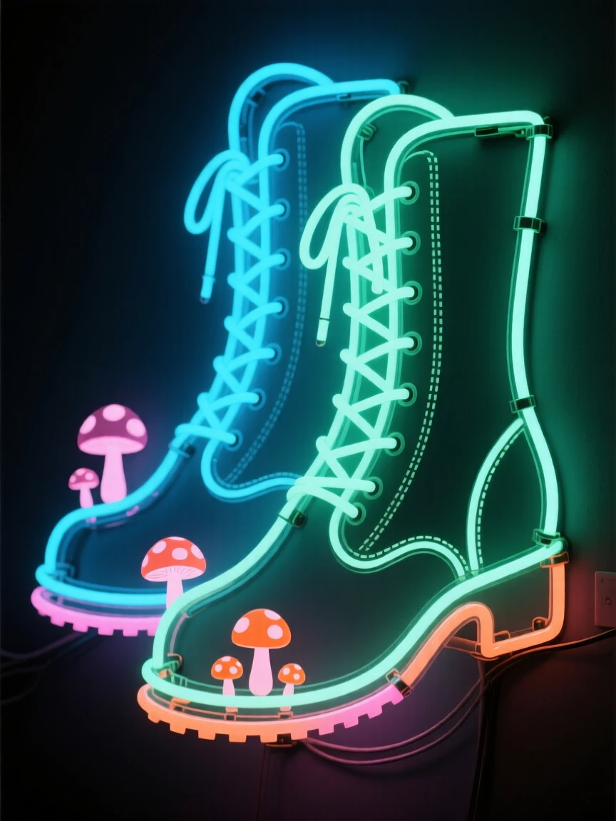 A pair of boots that have sprouted small mushrooms on their soles.
