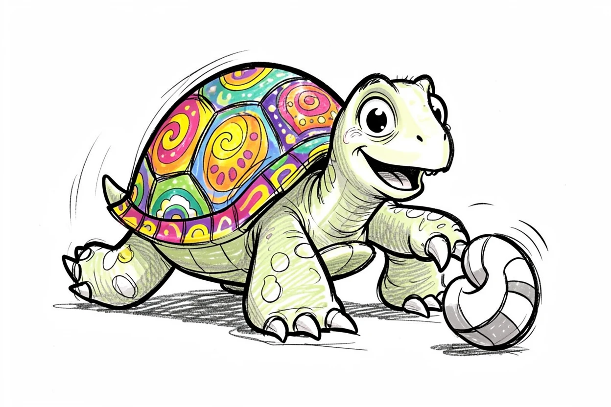 A turtle with a painted shell playing fetch with a squeaky toy.