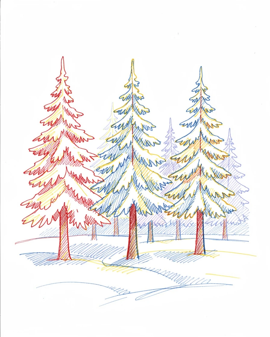A snow-covered pine forest lit by the soft blue light of dusk