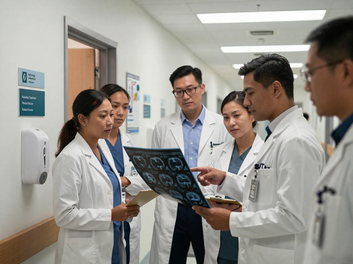 A group of medical residents reviews scans together in a hospital hallway.