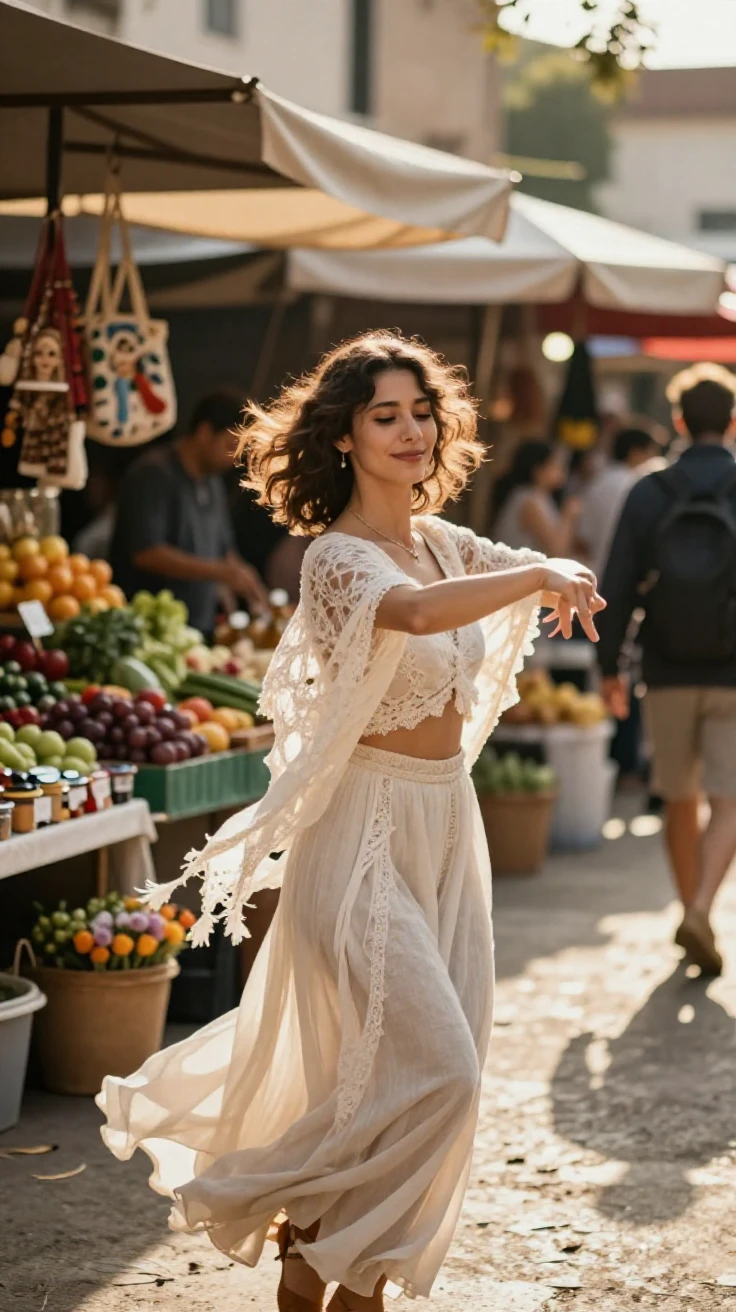 A newly married dancer humming a gentle tune while working in a bustling open-air market, a gentle smile crossing their face