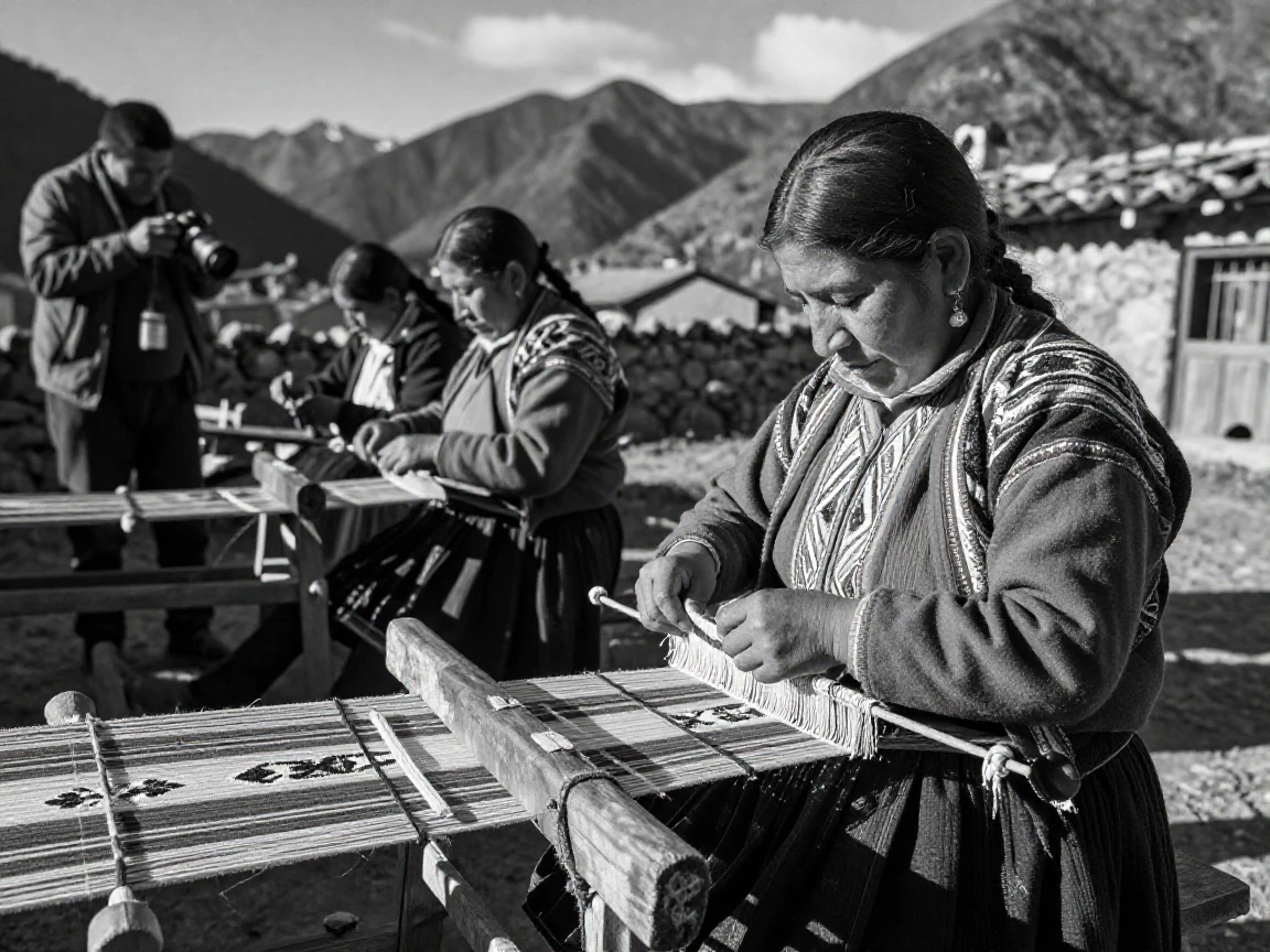 Andean weavers weave intricate patterns by hand in a sunlit mountain village.