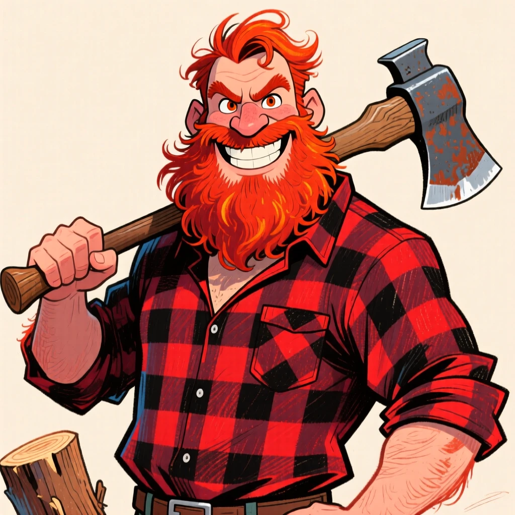 A rugged lumberjack with a thick red beard, flannel shirt, and axe resting on one shoulder.