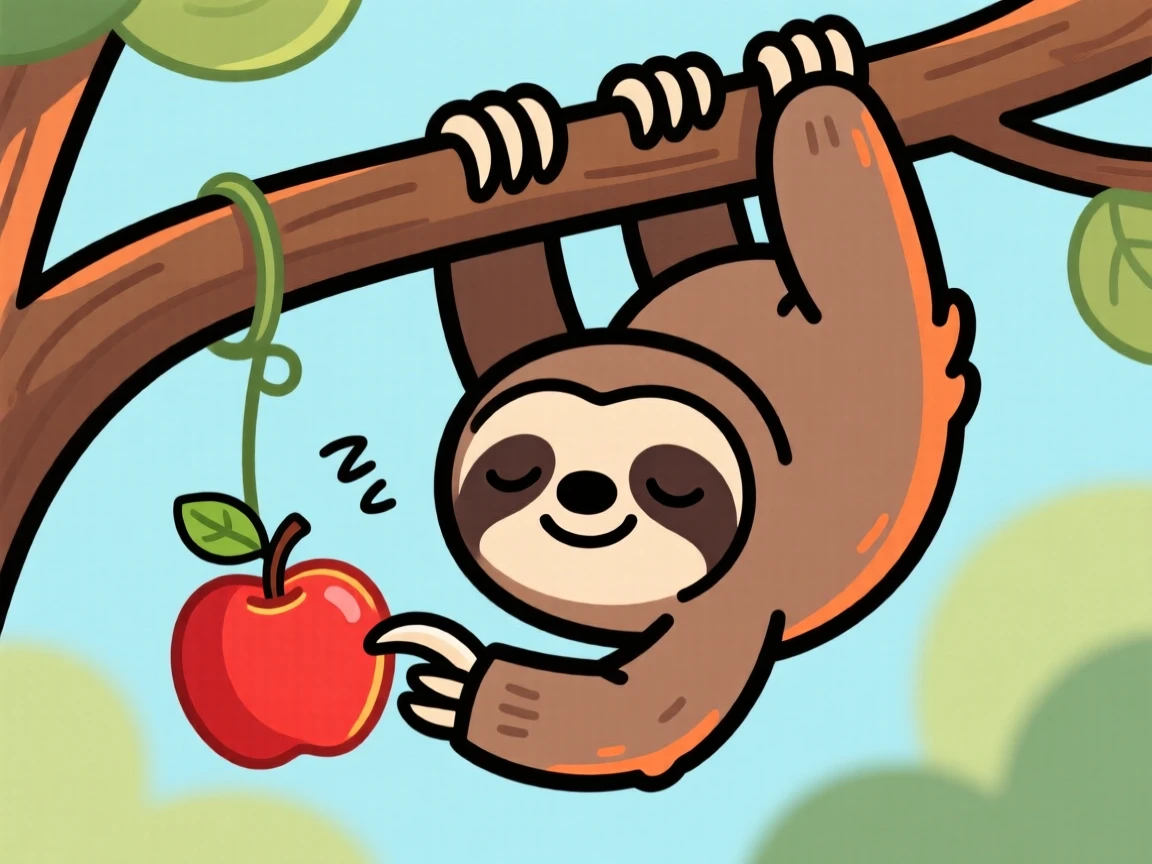 A playful pet moment featuring a sleepy sloth hanging upside down from a branch, slowly reaching for a piece of fruit.