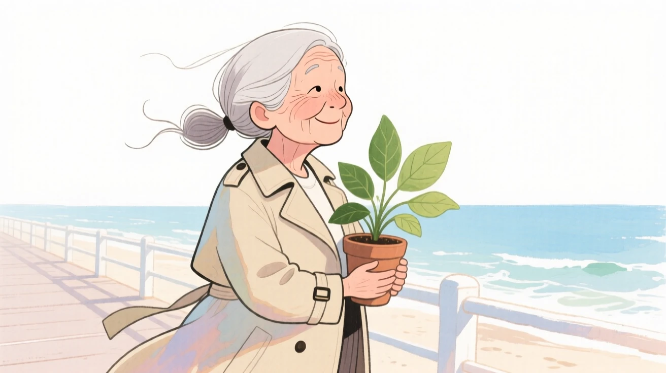 An elderly woman with a neat low ponytail, looking serene and peaceful, wearing a classic trench coat and clutching a favorite houseplant, on a breezy seaside boardwalk