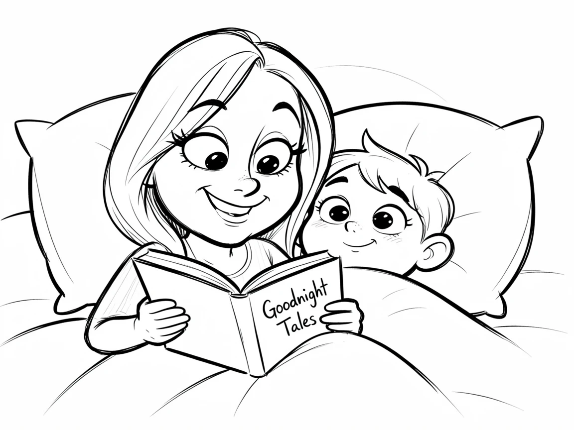 [Family & Relationship Moments] Heartwarming scene of a mother tucking her child into bed and reading a bedtime story, radiating love and warmth