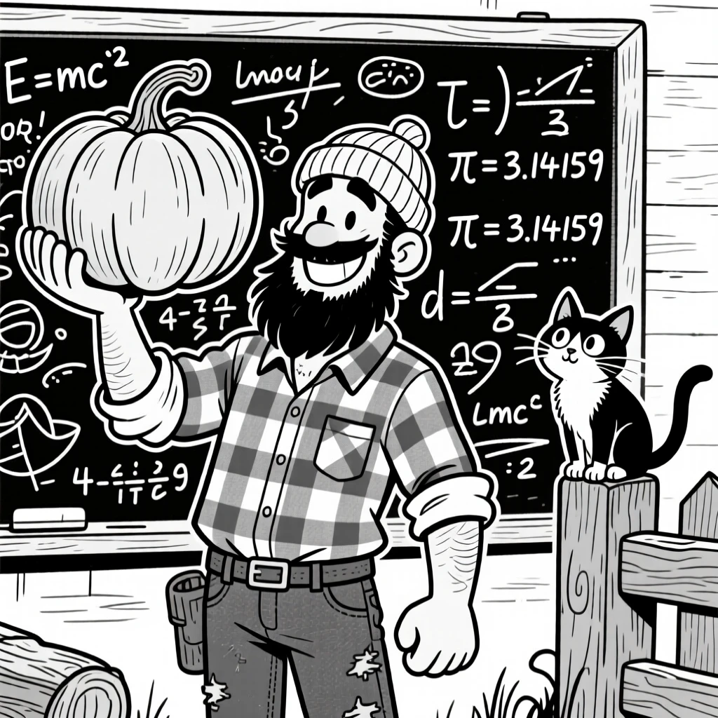 A rugged lumberjack with a bushy beard, proudly holding up an oversized prize pumpkin, set in front of a chalkboard covered in equations. A curious neighborhood cat watches from a fence. It's a lighthearted tribute to a job well loved.