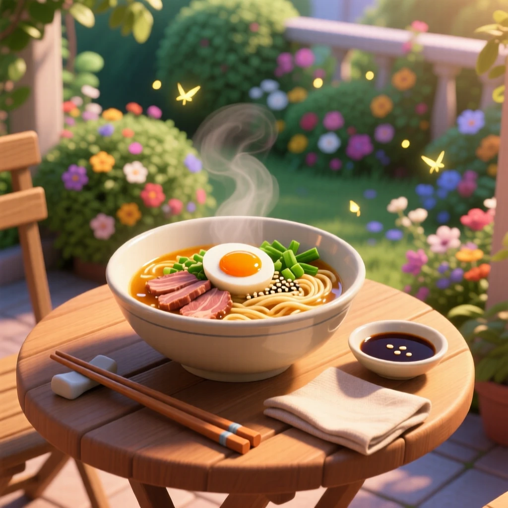 A bowl of steaming ramen with soft-boiled egg sits at a small table overlooking a garden, beside a small dish of dipping sauce. The mood is festive and appetizing.