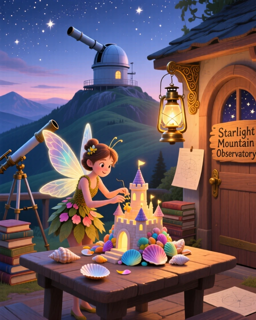 In a mountaintop observatory, a firefly fairy discovers a moment of wonder while building a castle out of seashells, while soft golden light spills from an old lantern.