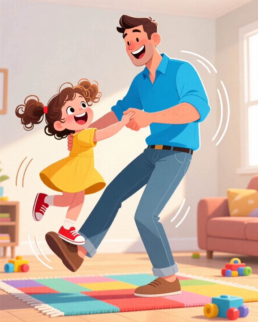 A father dancing with his young daughter standing on his feet.